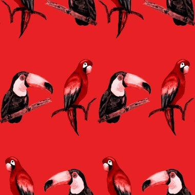 Tukan, papağan ve sinekkuşuyla suluboya desenli. Yaz tropik illüstrasyonu. Kusursuz soyut, vahşi, egzotik hayvan baskısı. Tatlı çizgi film vahşi hayvan..