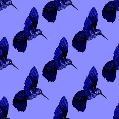 Sinek kuşuyla dikişsiz suluboya desen. Renkli sinekkuşu desenli suluboya çizimi her türlü tasarım için. Kusursuz kumaş dokusu.