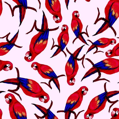 Papağan papağanıyla suluboya kusursuz desen. Egzotik orman kuşu duvar kağıdı. Her amaç için harika bir tasarım. Parlak yaz baskısı.