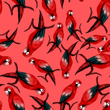 Papağan papağanıyla suluboya kusursuz desen. Egzotik orman kuşu duvar kağıdı. Her amaç için harika bir tasarım. Parlak yaz baskısı.