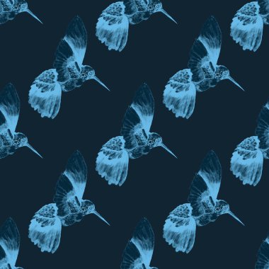 Sinek kuşuyla dikişsiz suluboya desen. Renkli sinekkuşu desenli suluboya çizimi her türlü tasarım için. Kusursuz kumaş dokusu.