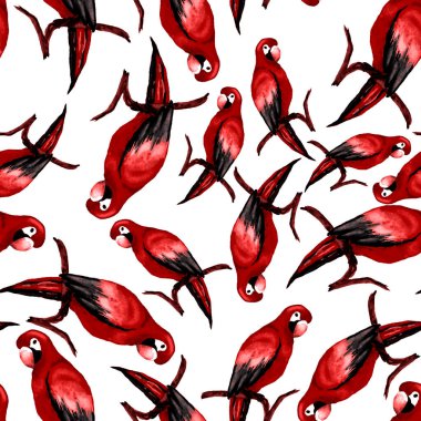 Papağan papağanıyla suluboya kusursuz desen. Egzotik orman kuşu duvar kağıdı. Her amaç için harika bir tasarım. Parlak yaz baskısı.