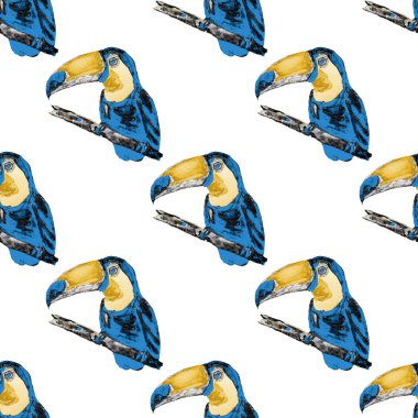 Tukanla dikişsiz suluboya desen. Yaz tropik illüstrasyonu. Kusursuz soyut, vahşi, egzotik hayvan baskısı. Tatlı çizgi film vahşi hayvan..