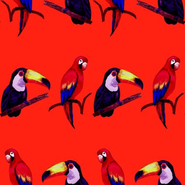 Tukan, papağan ve sinekkuşuyla suluboya desenli. Yaz tropik illüstrasyonu. Kusursuz soyut, vahşi, egzotik hayvan baskısı. Tatlı çizgi film vahşi hayvan..