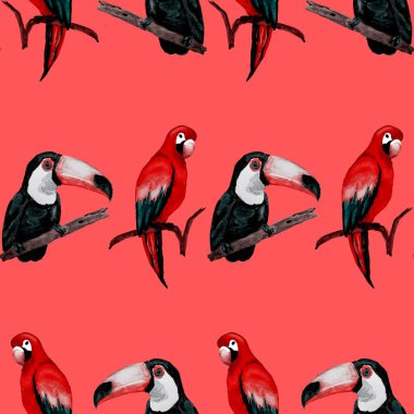 Tukan, papağan ve sinekkuşuyla suluboya desenli. Yaz tropik illüstrasyonu. Kusursuz soyut, vahşi, egzotik hayvan baskısı. Tatlı çizgi film vahşi hayvan..