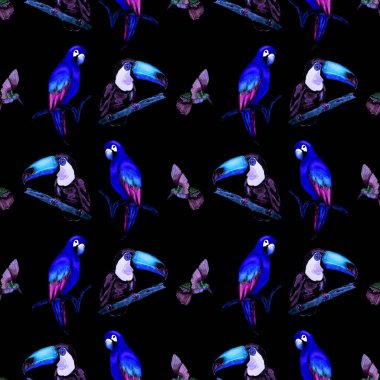 Tukan, papağan ve sinekkuşuyla suluboya desenli. Yaz tropik illüstrasyonu. Kusursuz soyut, vahşi, egzotik hayvan baskısı. Tatlı çizgi film vahşi hayvan..