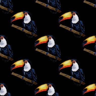 Tukanla dikişsiz suluboya desen. Yaz tropik illüstrasyonu. Kusursuz soyut, vahşi, egzotik hayvan baskısı. Tatlı çizgi film vahşi hayvan..