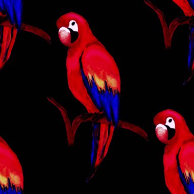 Papağan papağanıyla suluboya kusursuz desen. Egzotik orman kuşu duvar kağıdı. Her amaç için harika bir tasarım. Parlak yaz baskısı.