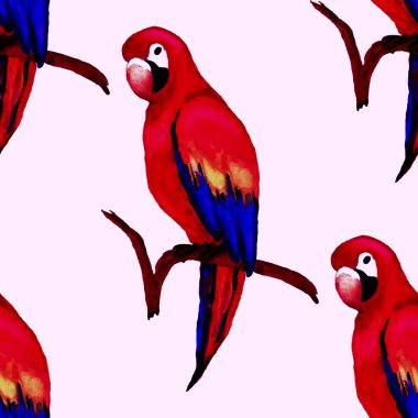 Papağan papağanıyla suluboya kusursuz desen. Egzotik orman kuşu duvar kağıdı. Her amaç için harika bir tasarım. Parlak yaz baskısı.