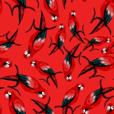 Papağan papağanıyla suluboya kusursuz desen. Egzotik orman kuşu duvar kağıdı. Her amaç için harika bir tasarım. Parlak yaz baskısı.