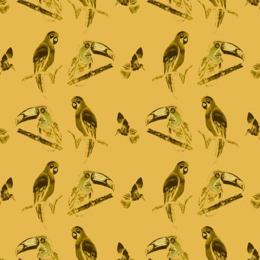 Tukan, papağan ve sinekkuşuyla suluboya desenli. Yaz tropik illüstrasyonu. Kusursuz soyut, vahşi, egzotik hayvan baskısı. Tatlı çizgi film vahşi hayvan..