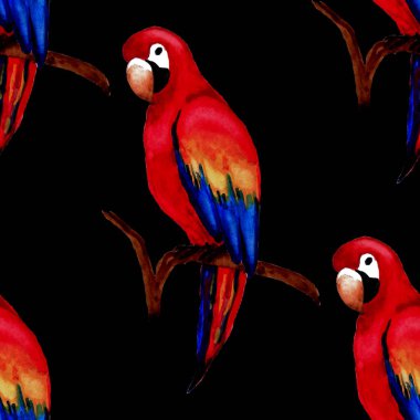 Papağan papağanıyla suluboya kusursuz desen. Egzotik orman kuşu duvar kağıdı. Her amaç için harika bir tasarım. Parlak yaz baskısı.