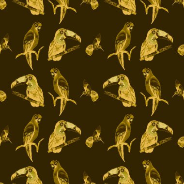 Tukan, papağan ve sinekkuşuyla suluboya desenli. Yaz tropik illüstrasyonu. Kusursuz soyut, vahşi, egzotik hayvan baskısı. Tatlı çizgi film vahşi hayvan..