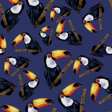 Tukanla dikişsiz suluboya desen. Yaz tropik illüstrasyonu. Kusursuz soyut, vahşi, egzotik hayvan baskısı. Tatlı çizgi film vahşi hayvan..