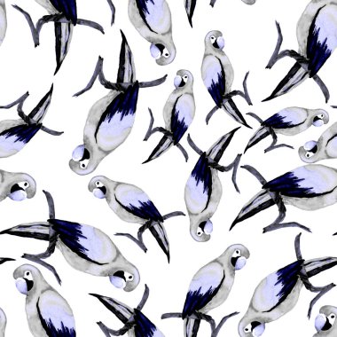 Papağan papağanıyla suluboya kusursuz desen. Egzotik orman kuşu duvar kağıdı. Her amaç için harika bir tasarım. Parlak yaz baskısı.