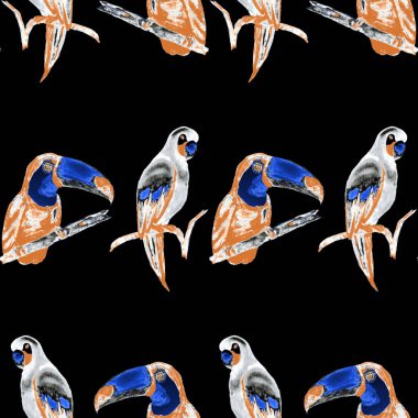 Tukan, papağan ve sinekkuşuyla suluboya desenli. Yaz tropik illüstrasyonu. Kusursuz soyut, vahşi, egzotik hayvan baskısı. Tatlı çizgi film vahşi hayvan..