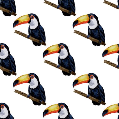 Tukanla dikişsiz suluboya desen. Yaz tropik illüstrasyonu. Kusursuz soyut, vahşi, egzotik hayvan baskısı. Tatlı çizgi film vahşi hayvan..