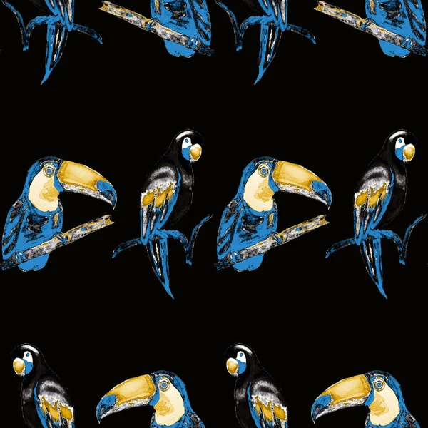 Watercolor Seamless Pattern Toucan Macaw Parrot Hummingbird Summer Tropical Illustration — Stock Photo, Image