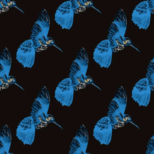 水彩画与蜂鸟的无缝图案 水彩画与五彩斑斓的蜂鸟为任何一种设计 无缝布质感 — 图库照片