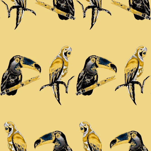 Tukan Papağan Sinekkuşuyla Suluboya Desenli Yaz Tropik Illüstrasyonu Kusursuz Soyut — Stok fotoğraf