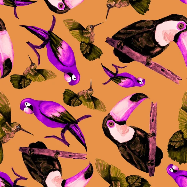 Акварельний Безшовний Візерунок Тунцем Папугою Макави Колібрі Літня Тропічна Ілюстрація — стокове фото