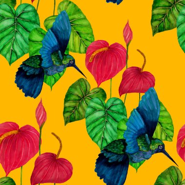 Kuşların, tropik çiçeklerin ve yaprakların olduğu kusursuz bir suluboya deseni. Her türlü tasarım için parlak bir yaz baskısı. Egzotik orman hayvanı duvar kağıdı. Moda baskısı.