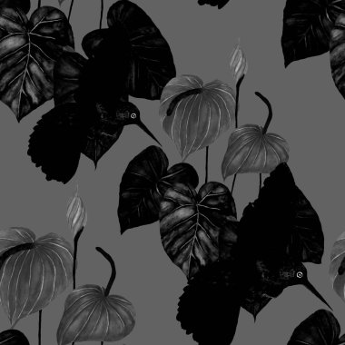 Kuşların, tropik çiçeklerin ve yaprakların olduğu kusursuz bir suluboya deseni. Her türlü tasarım için parlak bir yaz baskısı. Egzotik orman hayvanı duvar kağıdı. Moda baskısı.