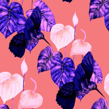 Kuşların, tropik çiçeklerin ve yaprakların olduğu kusursuz bir suluboya deseni. Her türlü tasarım için parlak bir yaz baskısı. Egzotik orman hayvanı duvar kağıdı. Moda baskısı.