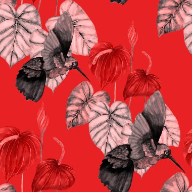 Kuşların, tropik çiçeklerin ve yaprakların olduğu kusursuz bir suluboya deseni. Her türlü tasarım için parlak bir yaz baskısı. Egzotik orman hayvanı duvar kağıdı. Moda baskısı.