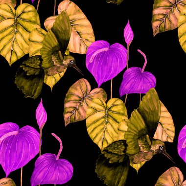 Kuşların, tropik çiçeklerin ve yaprakların olduğu kusursuz bir suluboya deseni. Her türlü tasarım için parlak bir yaz baskısı. Egzotik orman hayvanı duvar kağıdı. Moda baskısı.