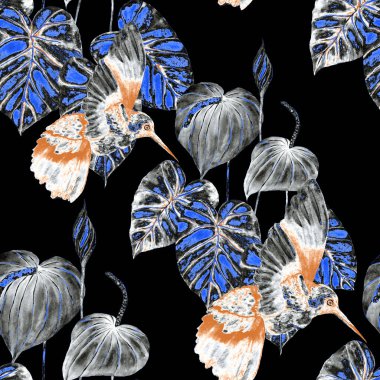 Kuşların, tropik çiçeklerin ve yaprakların olduğu kusursuz bir suluboya deseni. Her türlü tasarım için parlak bir yaz baskısı. Egzotik orman hayvanı duvar kağıdı. Moda baskısı.