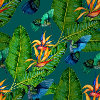 Kuşların, tropik çiçeklerin ve yaprakların olduğu kusursuz bir suluboya deseni. Her türlü tasarım için parlak bir yaz baskısı. Egzotik orman hayvanı duvar kağıdı. Moda baskısı.