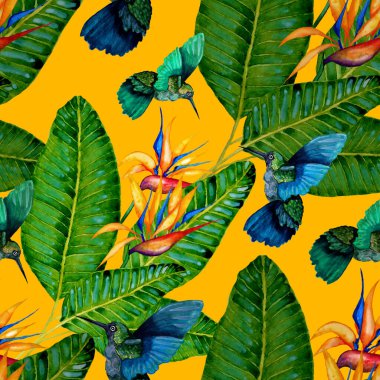 Kuşların, tropik çiçeklerin ve yaprakların olduğu kusursuz bir suluboya deseni. Her türlü tasarım için parlak bir yaz baskısı. Egzotik orman hayvanı duvar kağıdı. Moda baskısı.