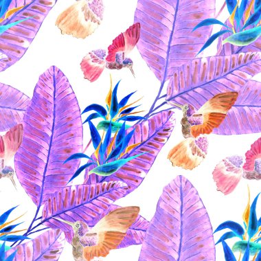 Kuşların, tropik çiçeklerin ve yaprakların olduğu kusursuz bir suluboya deseni. Her türlü tasarım için parlak bir yaz baskısı. Egzotik orman hayvanı duvar kağıdı. Moda baskısı.