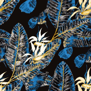 Kuşların, tropik çiçeklerin ve yaprakların olduğu kusursuz bir suluboya deseni. Her türlü tasarım için parlak bir yaz baskısı. Egzotik orman hayvanı duvar kağıdı. Moda baskısı.