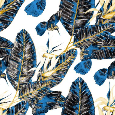 Kuşların, tropik çiçeklerin ve yaprakların olduğu kusursuz bir suluboya deseni. Her türlü tasarım için parlak bir yaz baskısı. Egzotik orman hayvanı duvar kağıdı. Moda baskısı.