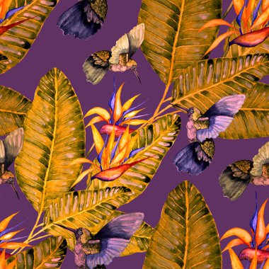 Kuşların, tropik çiçeklerin ve yaprakların olduğu kusursuz bir suluboya deseni. Her türlü tasarım için parlak bir yaz baskısı. Egzotik orman hayvanı duvar kağıdı. Moda baskısı.