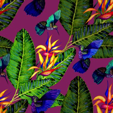 Kuşların, tropik çiçeklerin ve yaprakların olduğu kusursuz bir suluboya deseni. Her türlü tasarım için parlak bir yaz baskısı. Egzotik orman hayvanı duvar kağıdı. Moda baskısı.
