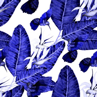 Kuşların, tropik çiçeklerin ve yaprakların olduğu kusursuz bir suluboya deseni. Her türlü tasarım için parlak bir yaz baskısı. Egzotik orman hayvanı duvar kağıdı. Moda baskısı.