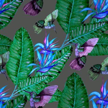 Kuşların, tropik çiçeklerin ve yaprakların olduğu kusursuz bir suluboya deseni. Her türlü tasarım için parlak bir yaz baskısı. Egzotik orman hayvanı duvar kağıdı. Moda baskısı.