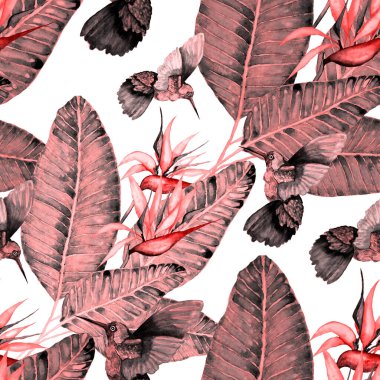 Kuşların, tropik çiçeklerin ve yaprakların olduğu kusursuz bir suluboya deseni. Her türlü tasarım için parlak bir yaz baskısı. Egzotik orman hayvanı duvar kağıdı. Moda baskısı.