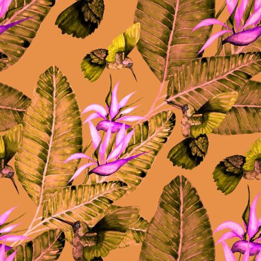 Kuşların, tropik çiçeklerin ve yaprakların olduğu kusursuz bir suluboya deseni. Her türlü tasarım için parlak bir yaz baskısı. Egzotik orman hayvanı duvar kağıdı. Moda baskısı.
