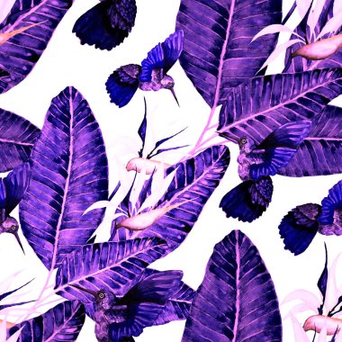 Kuşların, tropik çiçeklerin ve yaprakların olduğu kusursuz bir suluboya deseni. Her türlü tasarım için parlak bir yaz baskısı. Egzotik orman hayvanı duvar kağıdı. Moda baskısı.