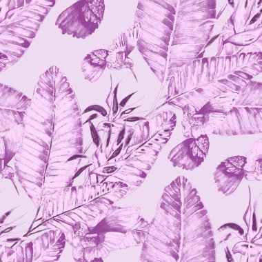 Kuşların, tropik çiçeklerin ve yaprakların olduğu kusursuz bir suluboya deseni. Her türlü tasarım için parlak bir yaz baskısı. Egzotik orman hayvanı duvar kağıdı. Moda baskısı.