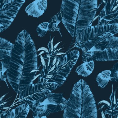 Kuşların, tropik çiçeklerin ve yaprakların olduğu kusursuz bir suluboya deseni. Her türlü tasarım için parlak bir yaz baskısı. Egzotik orman hayvanı duvar kağıdı. Moda baskısı.