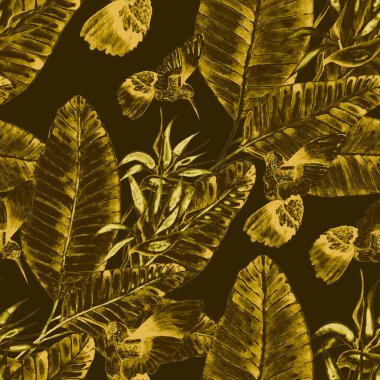 Kuşların, tropik çiçeklerin ve yaprakların olduğu kusursuz bir suluboya deseni. Her türlü tasarım için parlak bir yaz baskısı. Egzotik orman hayvanı duvar kağıdı. Moda baskısı.