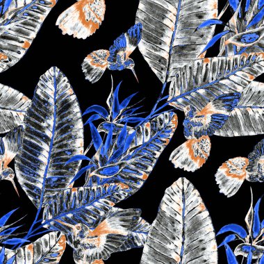 Kuşların, tropik çiçeklerin ve yaprakların olduğu kusursuz bir suluboya deseni. Her türlü tasarım için parlak bir yaz baskısı. Egzotik orman hayvanı duvar kağıdı. Moda baskısı.