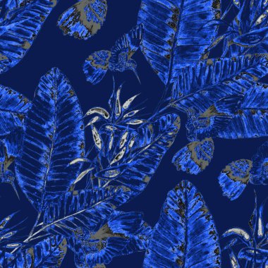 Kuşların, tropik çiçeklerin ve yaprakların olduğu kusursuz bir suluboya deseni. Her türlü tasarım için parlak bir yaz baskısı. Egzotik orman hayvanı duvar kağıdı. Moda baskısı.