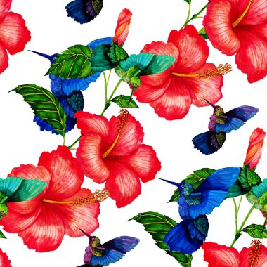 Kuşların, tropik çiçeklerin ve yaprakların olduğu kusursuz bir suluboya deseni. Her türlü tasarım için parlak bir yaz baskısı. Egzotik orman hayvanı duvar kağıdı. Moda baskısı.