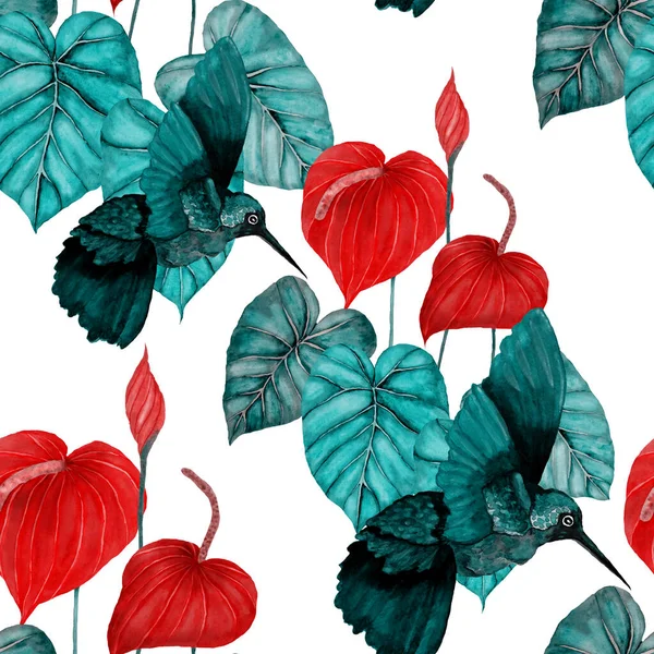 Beautiful watercolor seamless pattern with birds and tropical flowers and leaves. Bright summer print for any kind of design. Exotic jungle animal wallpaper. Fashion print.